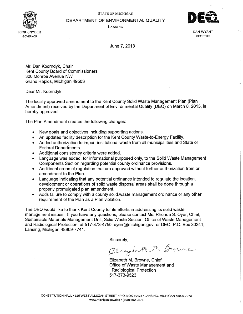 Kent County Solid Waste Management Plan (Plan Amendment) Received by the Department of Environmental Quality (DEQ) on March 8, 2013, Is Hereby Approved