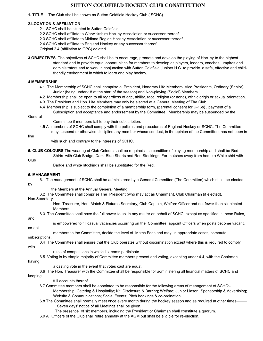 Sutton Coldfield Hockey Club Constitution