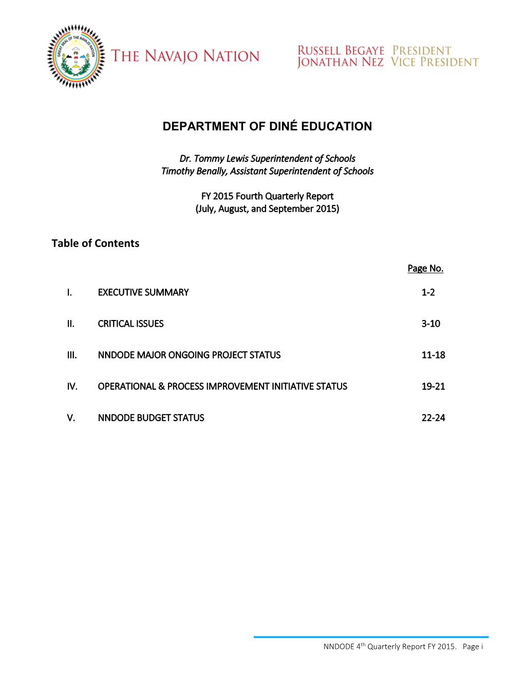 DEPARTMENT of DINÉ EDUCATION Table of Contents