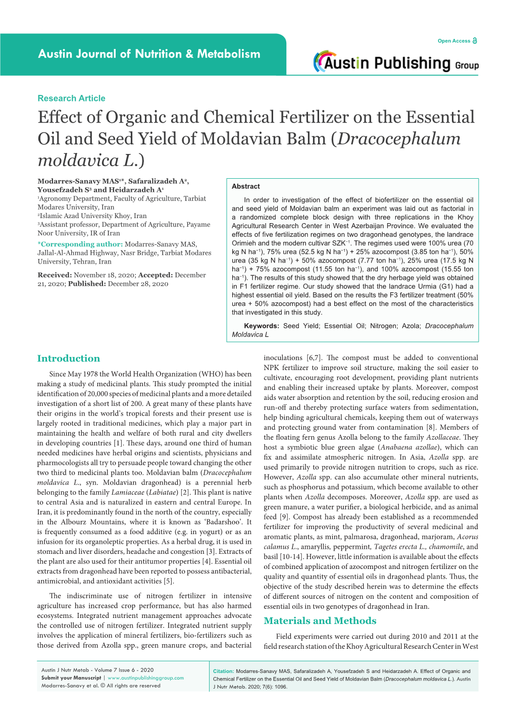 Effect of Organic and Chemical Fertilizer on the Essential Oil and Seed Yield of Moldavian Balm (Dracocephalum Moldavica L.)