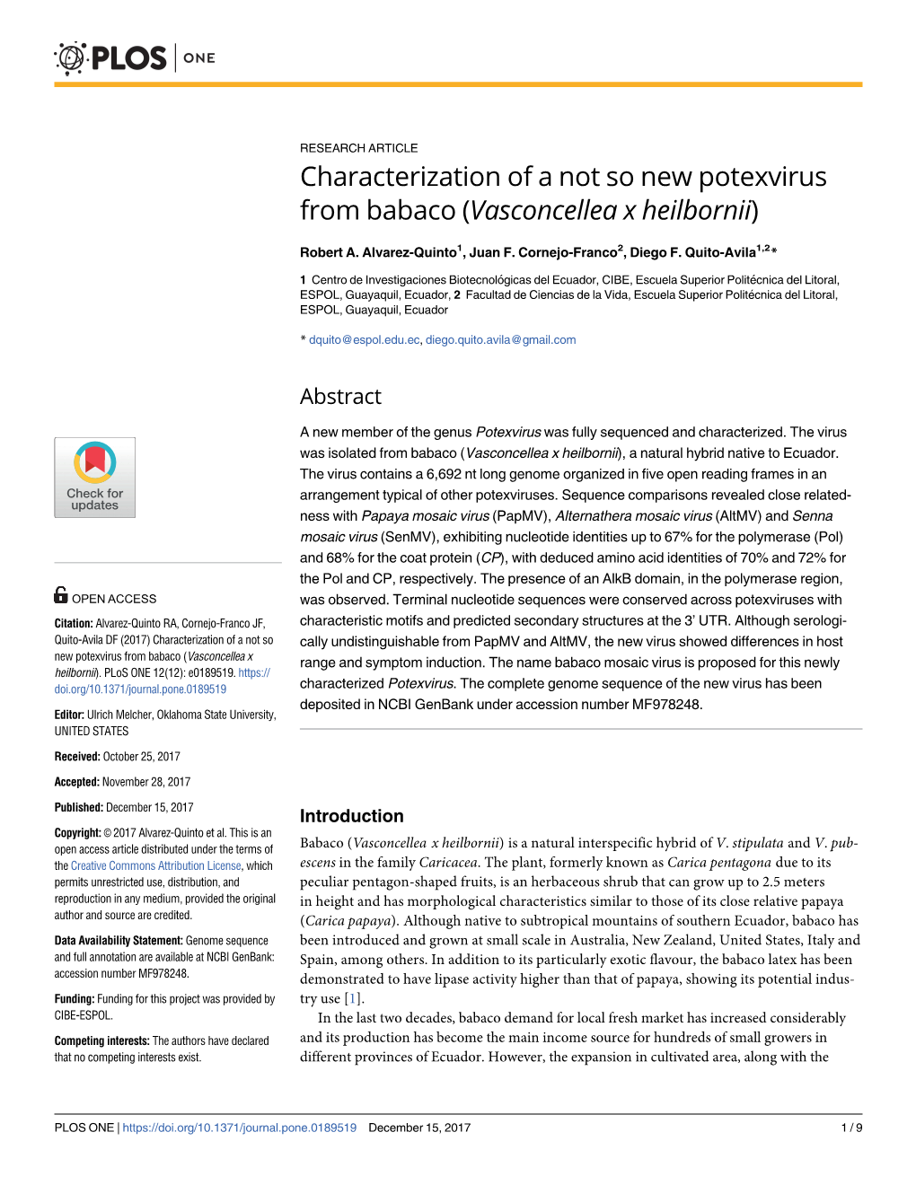 Characterization of a Not So New Potexvirus from Babaco (Vasconcellea X Heilbornii)