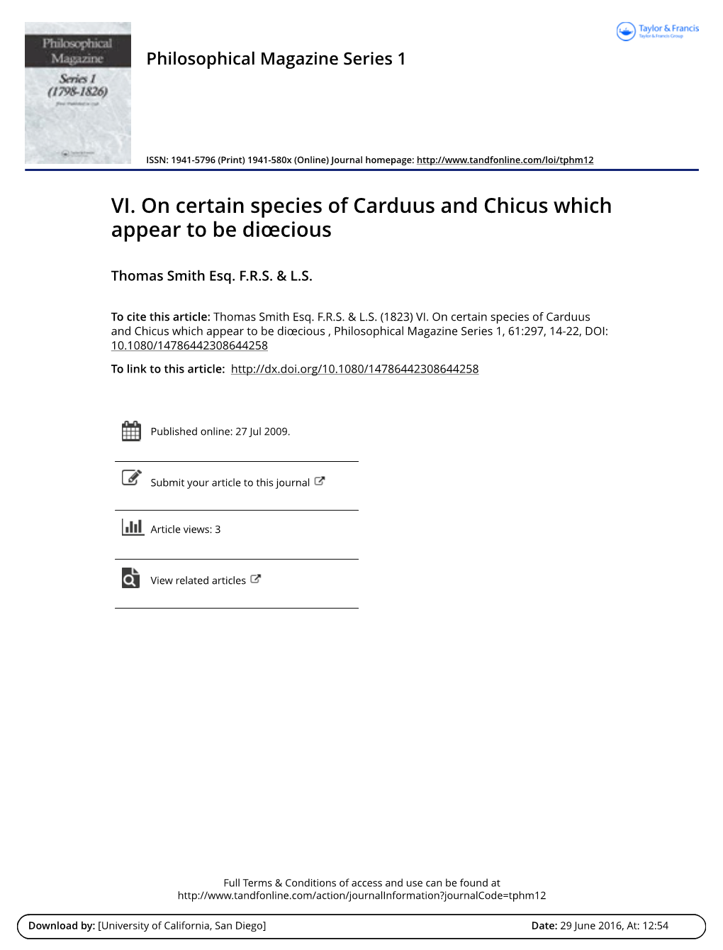VI. on Certain Species of Carduus and Chicus Which Appear to Be Diœcious