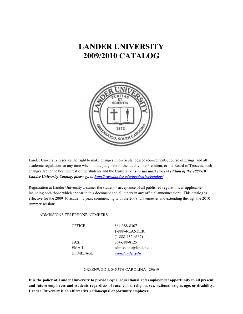 Lander University 2009/2010 Catalog