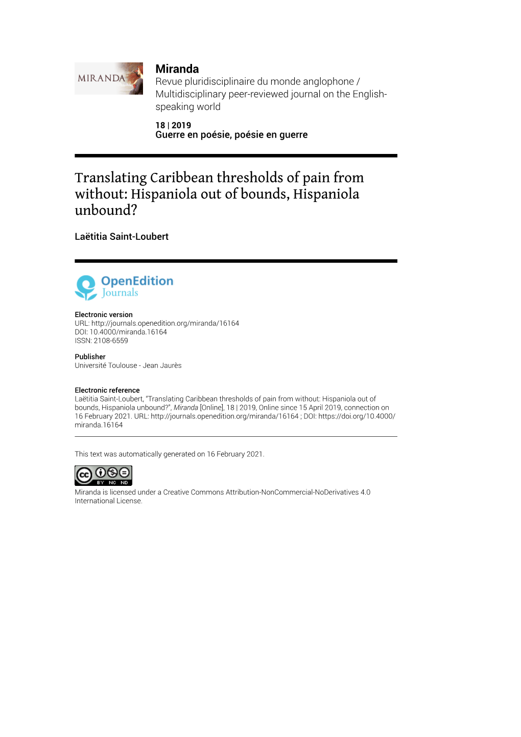 Translating Caribbean Thresholds of Pain from Without: Hispaniola out of Bounds, Hispaniola Unbound?