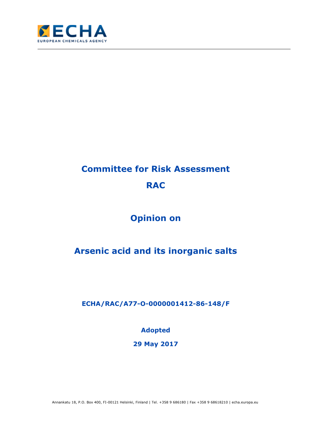 Committee for Risk Assessment RAC Opinion on Arsenic Acid and Its