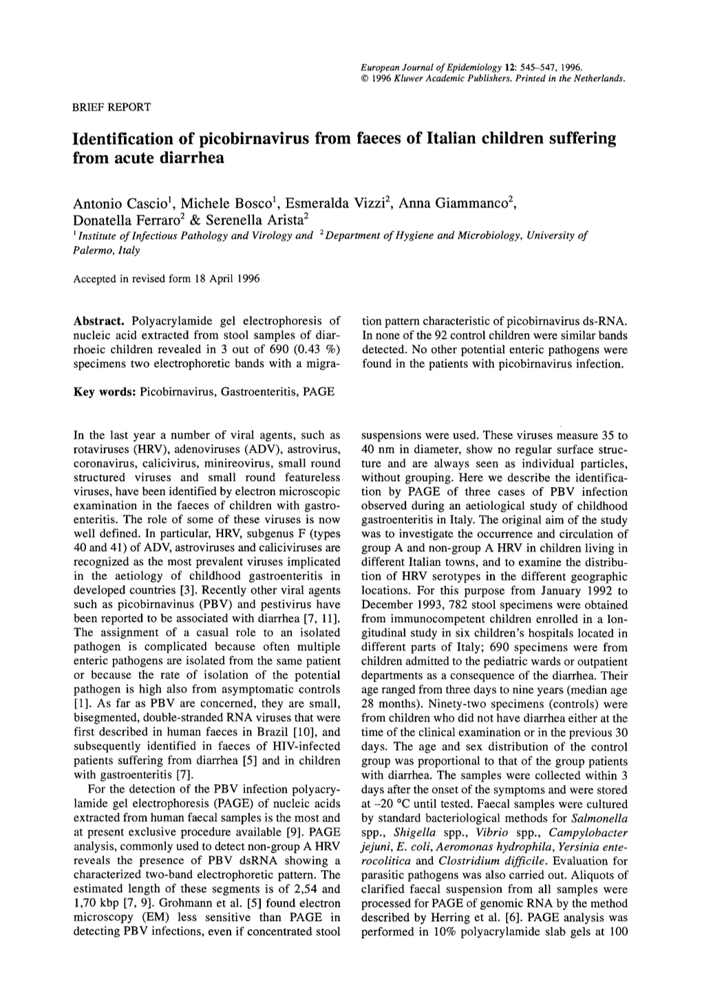 Identification of Picobirnavirus from Faeces of Italian Children Suffering from Acute Diarrhea