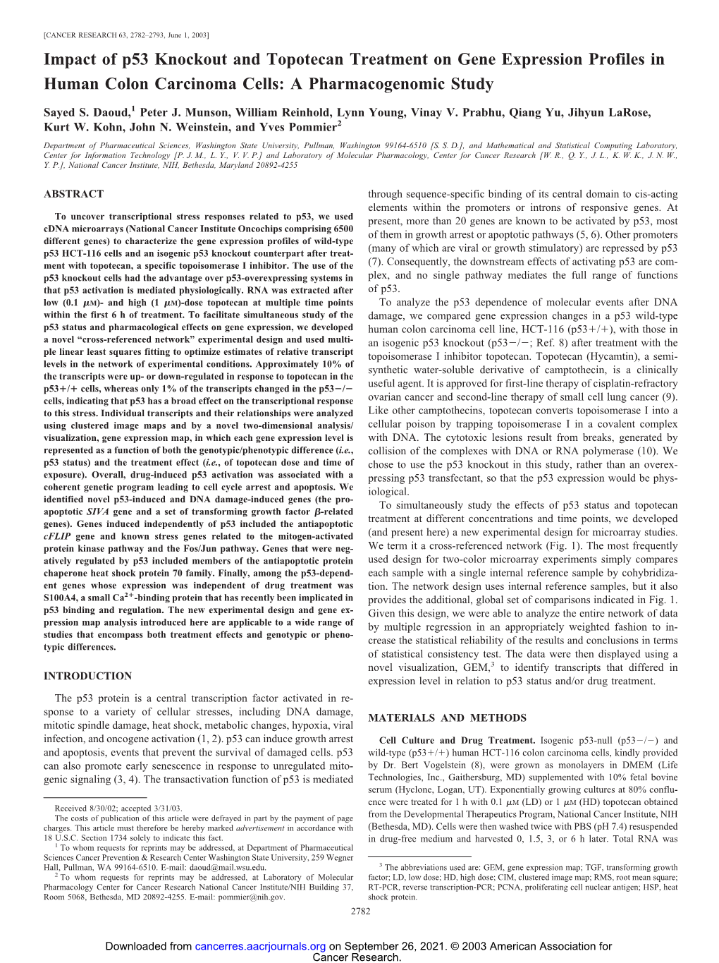 Impact of P53 Knockout and Topotecan Treatment on Gene Expression Profiles in Human Colon Carcinoma Cells: a Pharmacogenomic Study