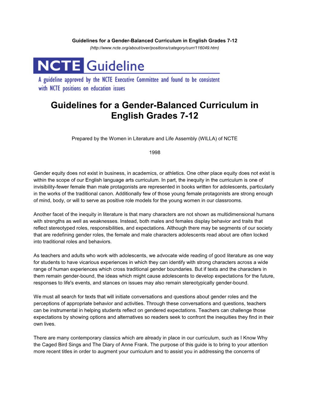 Guidelines for a Gender-Balanced Curriculum in English Grades 7-12