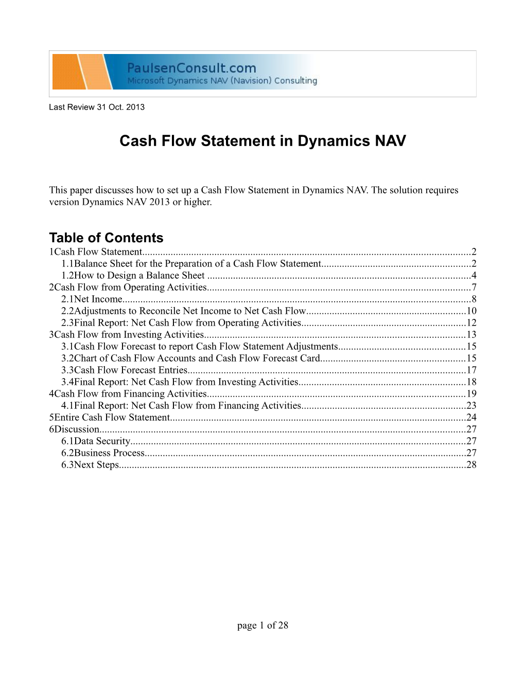 Cash Flow Statement in Dynamics NAV