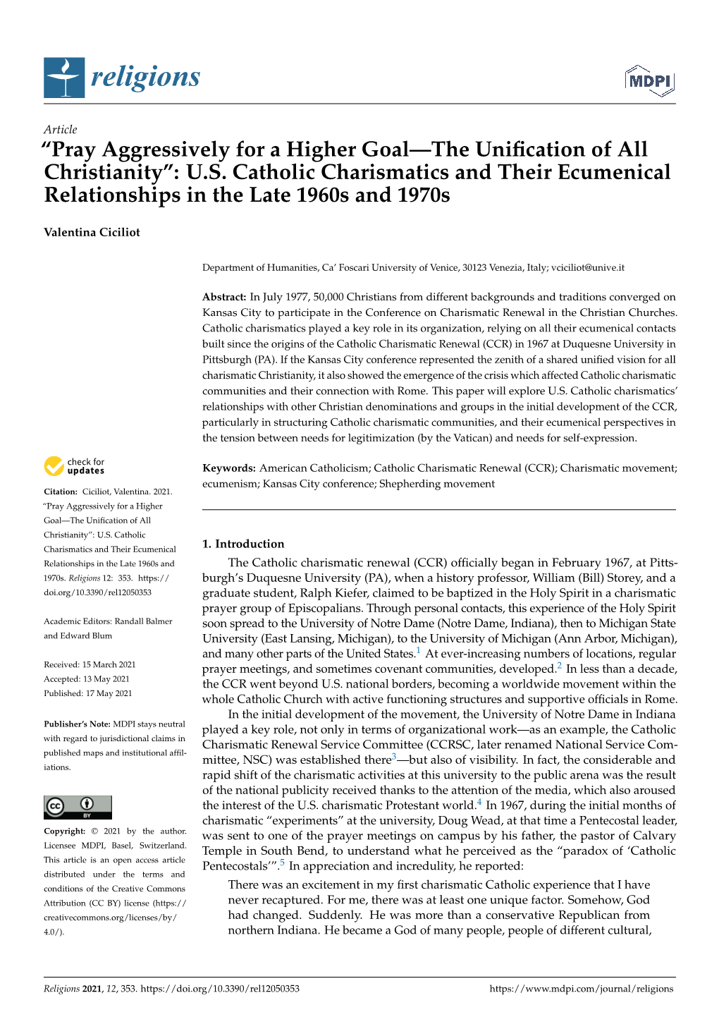 US Catholic Charismatics and Their Ecumenical