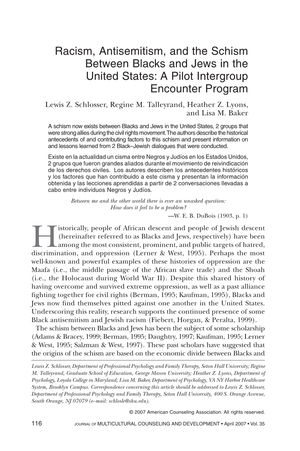 Racism, Antisemitism, and the Schism Between Blacks and Jews in the United States: a Pilot Intergroup Encounter Program Lewis Z