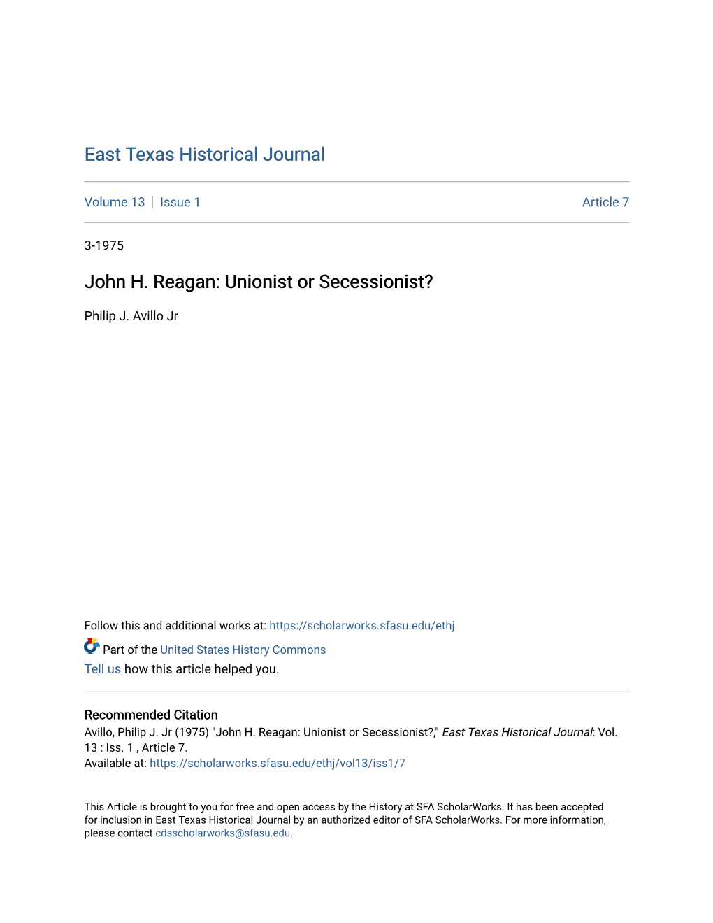 John H. Reagan: Unionist Or Secessionist?