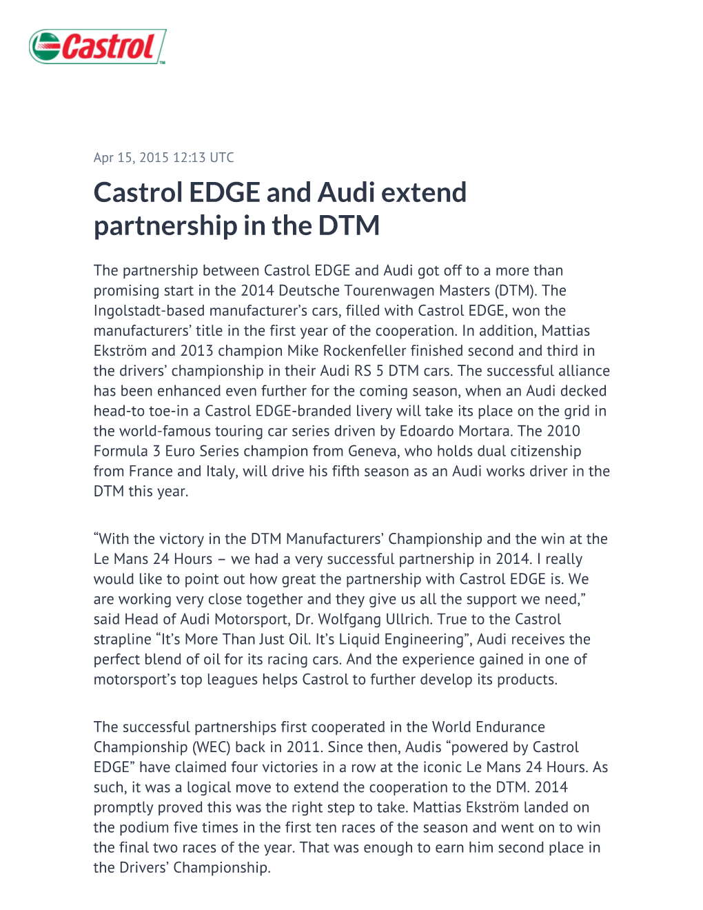 Castrol EDGE and Audi Extend Partnership in the DTM