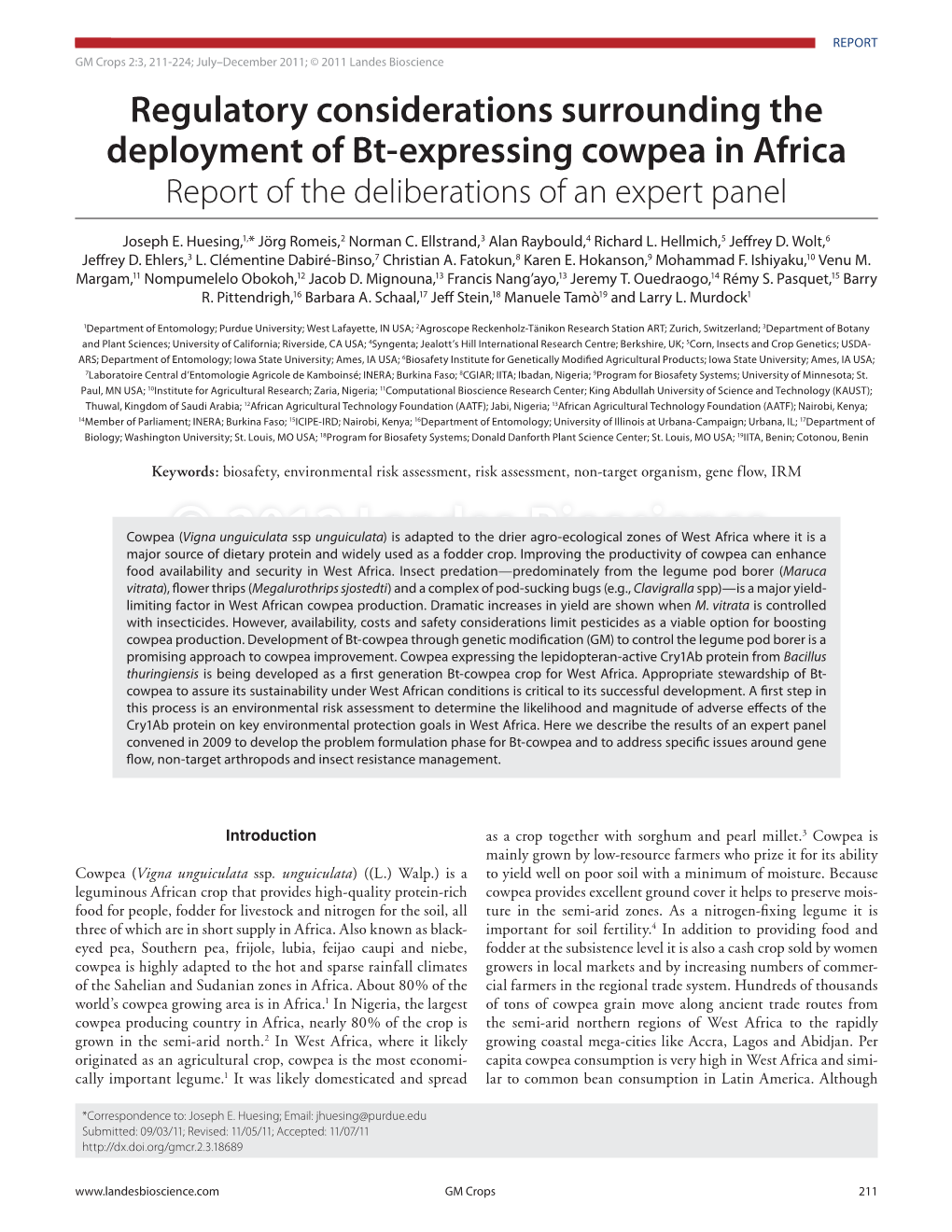 Regulatory Considerations Surrounding the Deployment of Bt-Expressing Cowpea in Africa Report of the Deliberations of an Expert Panel