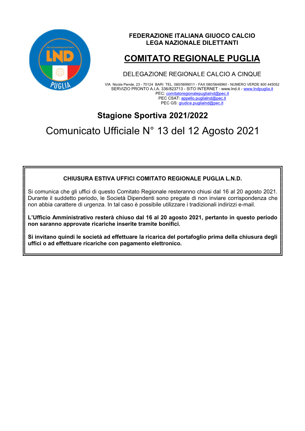 Comunicato Ufficiale N° 13 Del 12 Agosto 2021