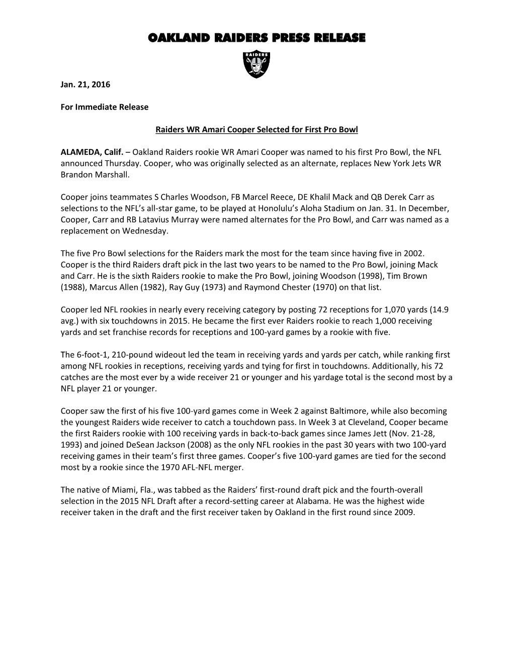 Oakland Raiders Press Release