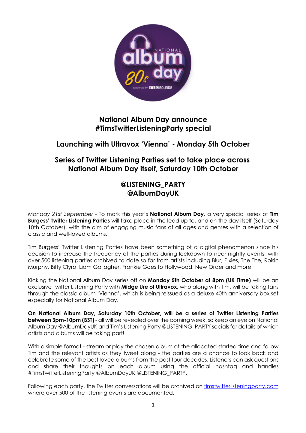 National Album Day Announce #Timstwitterlisteningparty Special Launching with Ultravox 'Vienna'