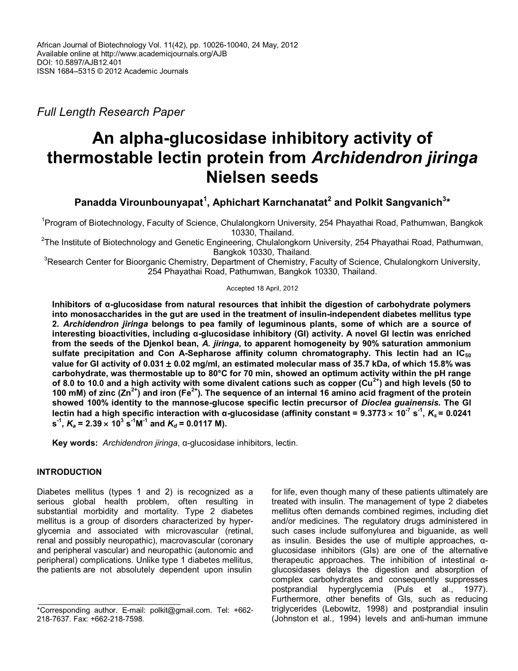 Glucosidase Inhibitory Activity of Thermostability Lectin Protein From