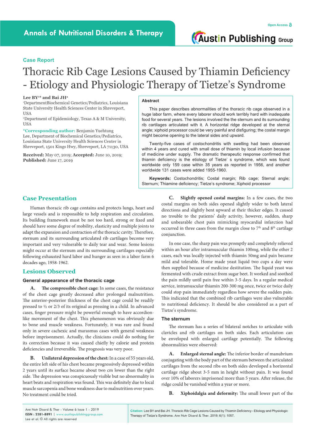 Thoracic Rib Cage Lesions Caused by Thiamin Deficiency - Etiology and Physiologic Therapy of Tietze’S Syndrome