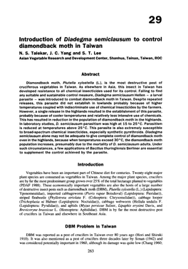 Introduction of Diadegma Semiclausum to Control Diamondback Moth in Taiwan N