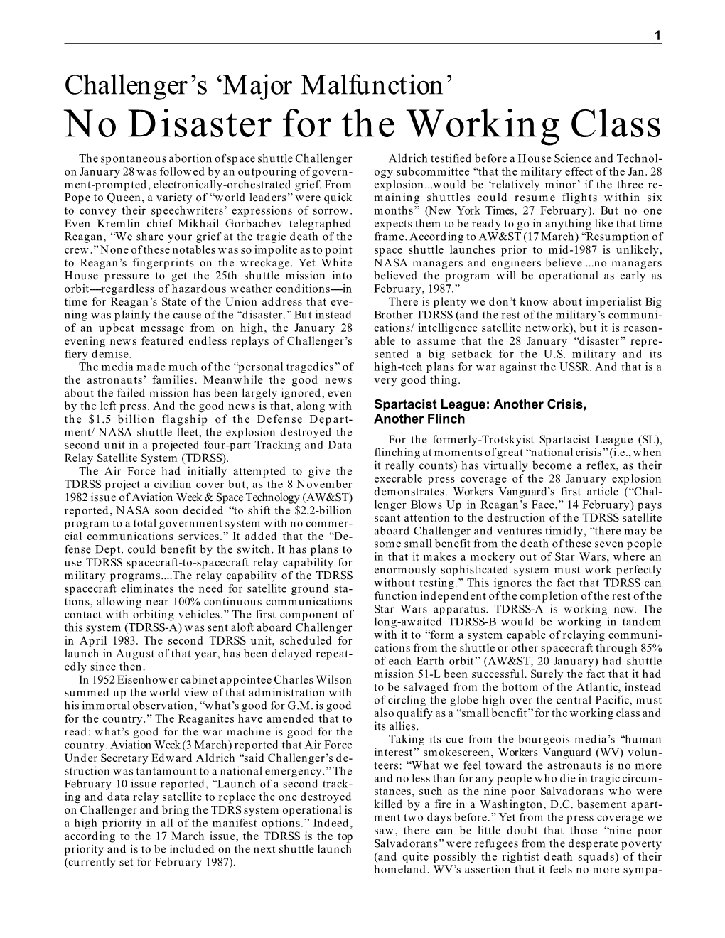 No Disaster for the Working Class