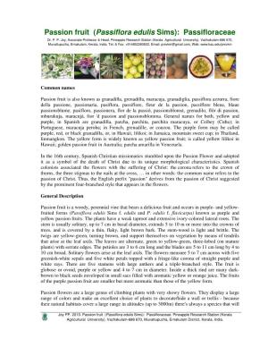 Passion Fruit (Pasassiflora Edulis Sims): Passissifloraceae Dr