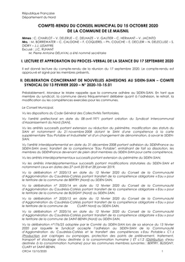 Compte-Rendu Du Conseil Municipal Du 15 Octobre 2020 De La Commune De Le Maisnil