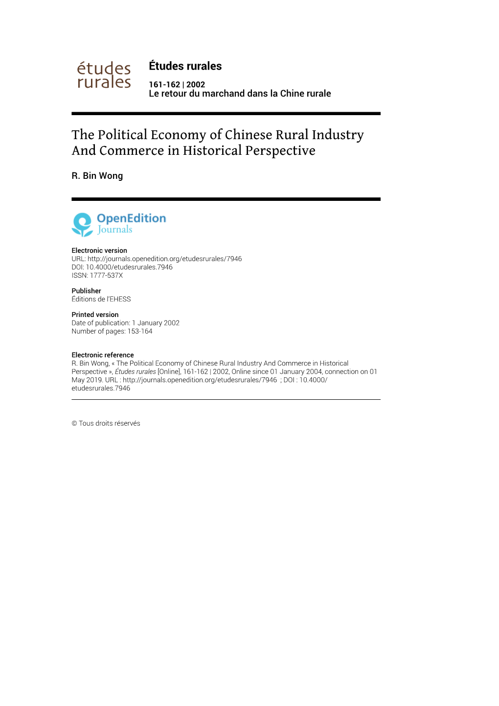 The Political Economy of Chinese Rural Industry and Commerce in Historical Perspective