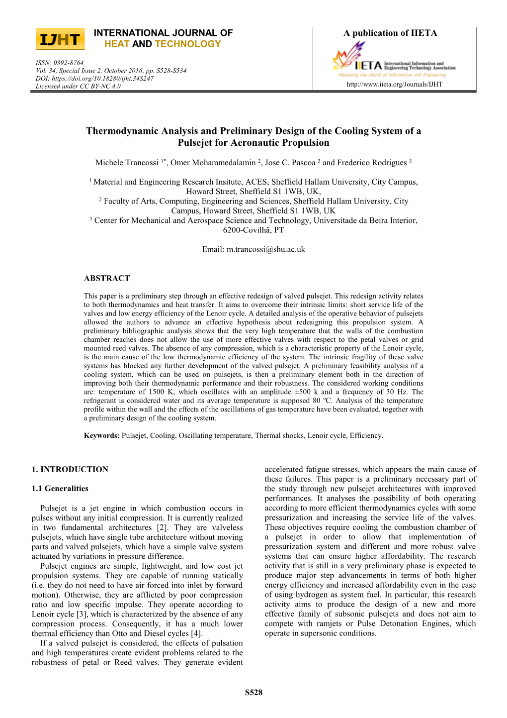 Thermodynamic Analysis and Preliminary Design of the Cooling System of a Pulsejet for Aeronautic Propulsion