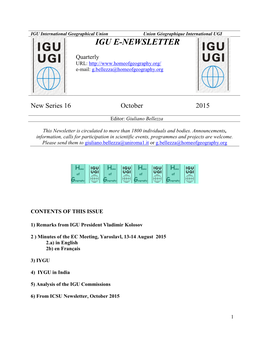 IGU International Geographical Union Union Géographique International UGI IGU E-NEWSLETTER