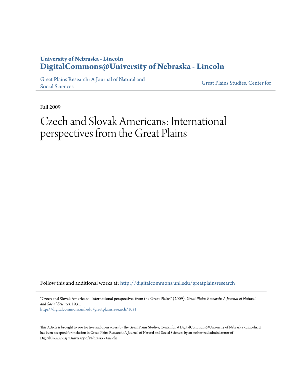 Czech and Slovak Americans: International Perspectives from the Great Plains