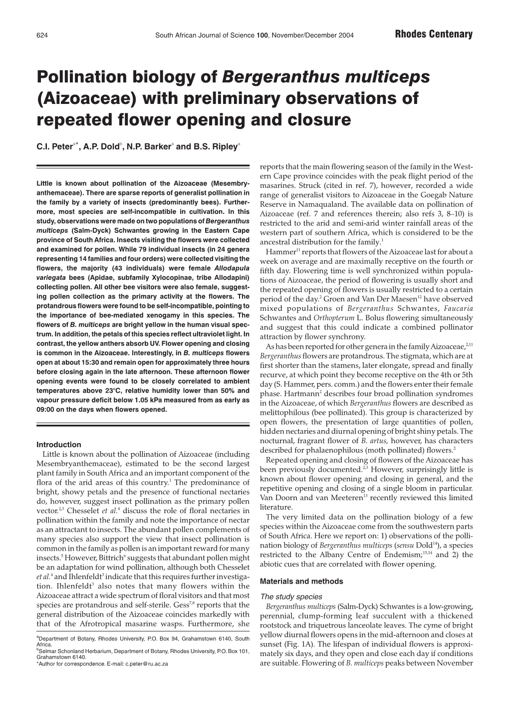 Aizoaceae) with Preliminary Observations of Repeated Flower Opening and Closure