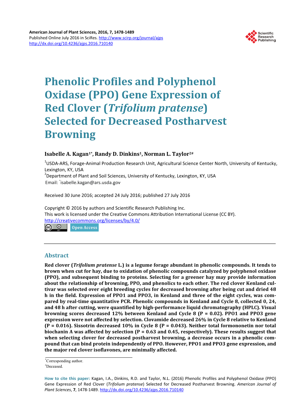 Gene Expression of Red Clover (Trifolium Pratense) Selected for Decreased Postharvest Browning