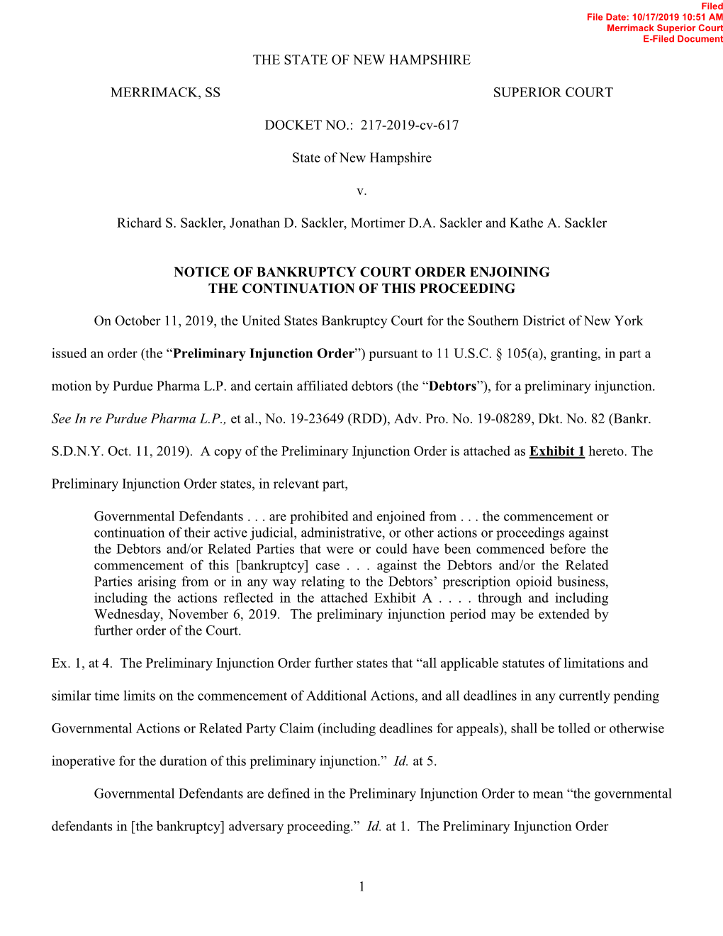 Notice of Bankruptcy Court Order Enjoining the Continuation of This Proceeding