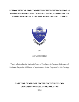 National Centre of Excellence in Geology, University of Peshawar for Partial Fulfillment of Requirements for the Degree of M.S in Geology