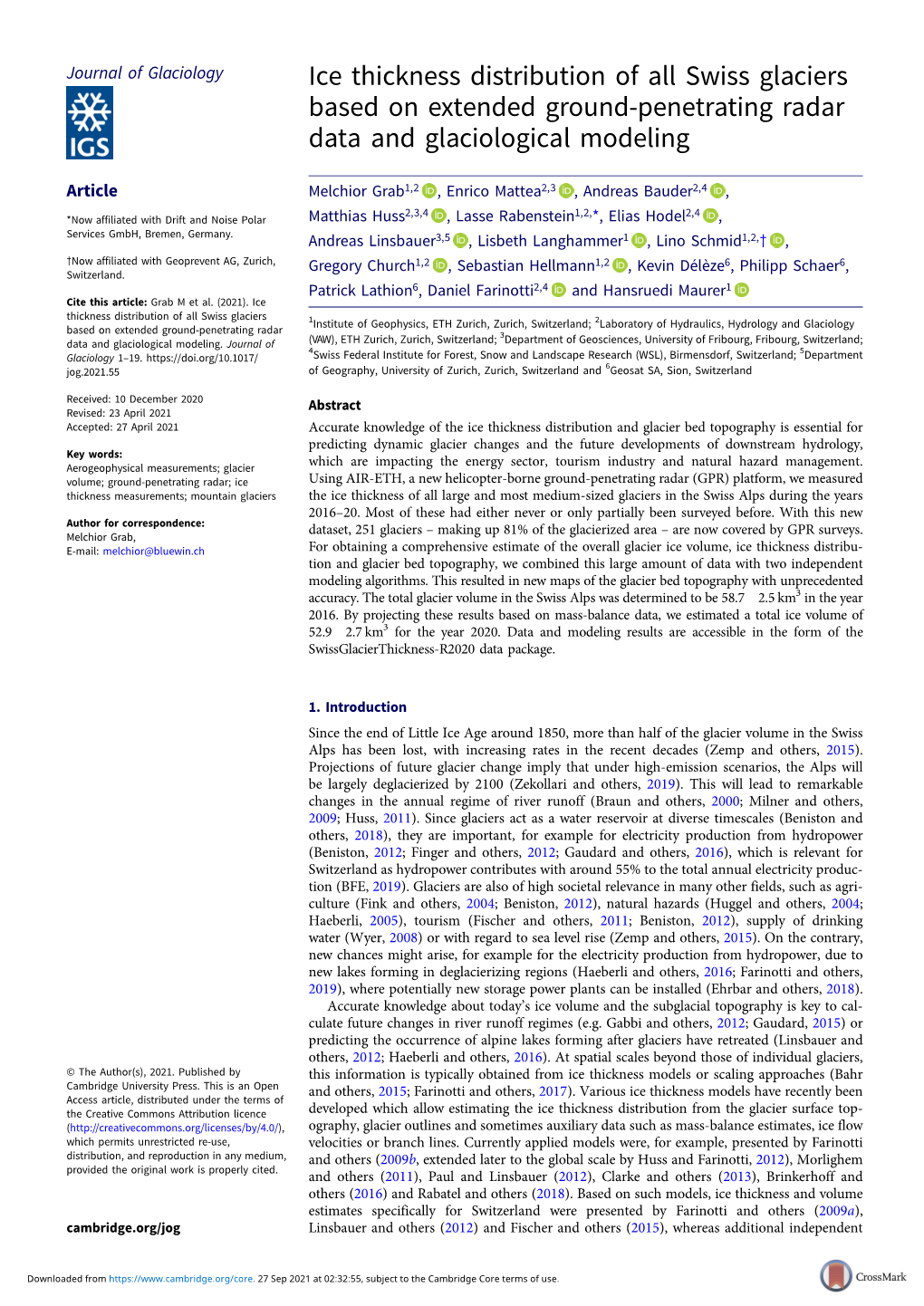 Ice Thickness Distribution of All Swiss Glaciers Based on Extended Ground-Penetrating Radar Data and Glaciological Modeling