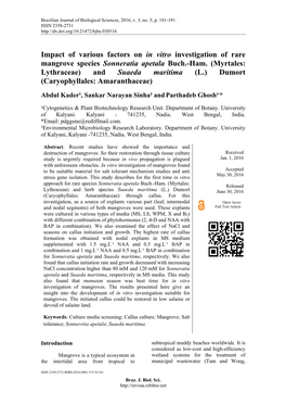 Impact of Various Factors on in Vitro Investigation of Rare Mangrove Species Sonneratia Apetala Buch.-Ham