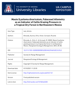 Mauto (Lysiloma Divaricatum, Fabaceae) Allometry As an Indicator of Cattle Grazing Pressure in a Tropical Dry Forest in Northwestern Mexico