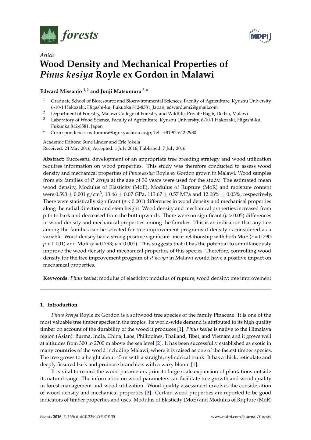 Wood Density and Mechanical Properties of Pinus Kesiya Royle Ex Gordon in Malawi