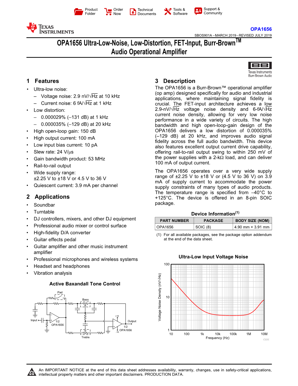 OPA1656 Ultra-Low-Noise, Low-Distortion, FET-Input, Burr-Browntm Audio Operational Amplifier