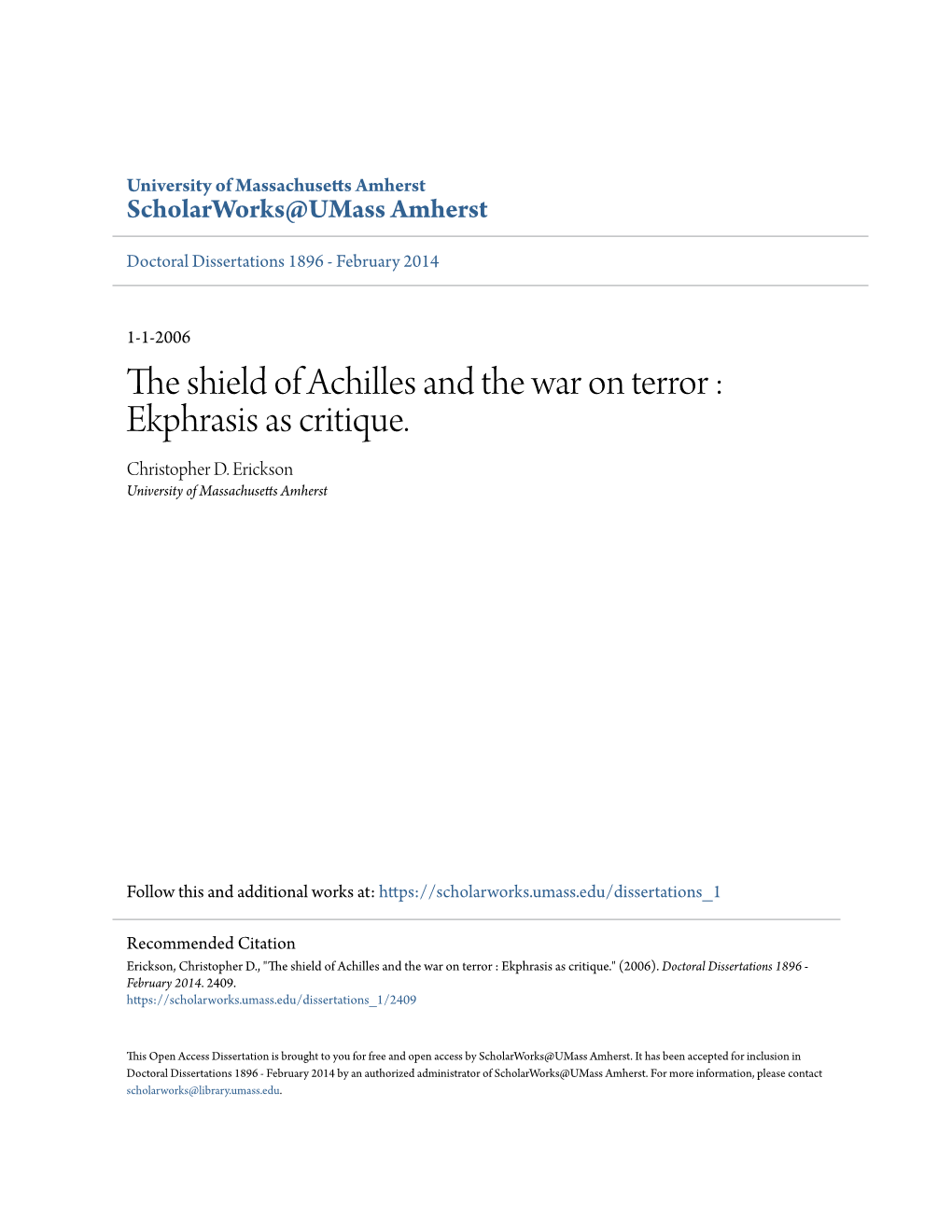 The Shield of Achilles and the War on Terror : Ekphrasis As Critique