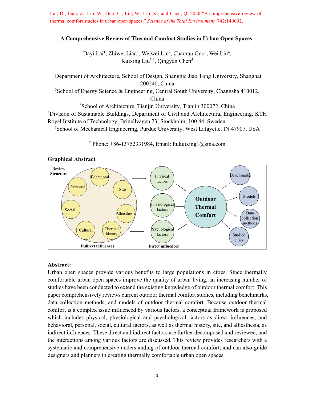 A Comprehensive Review of Thermal Comfort Studies in Urban Open Spaces,” Science of the Total Environment, 742:140092