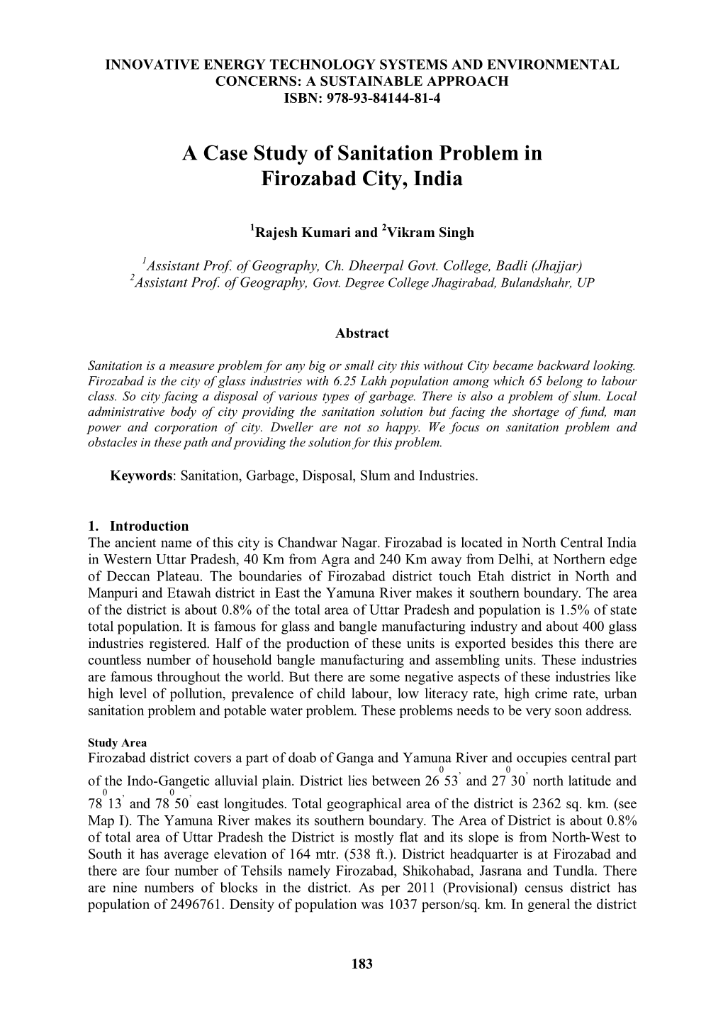 A Case Study of Sanitation Problem in Firozabad City, India