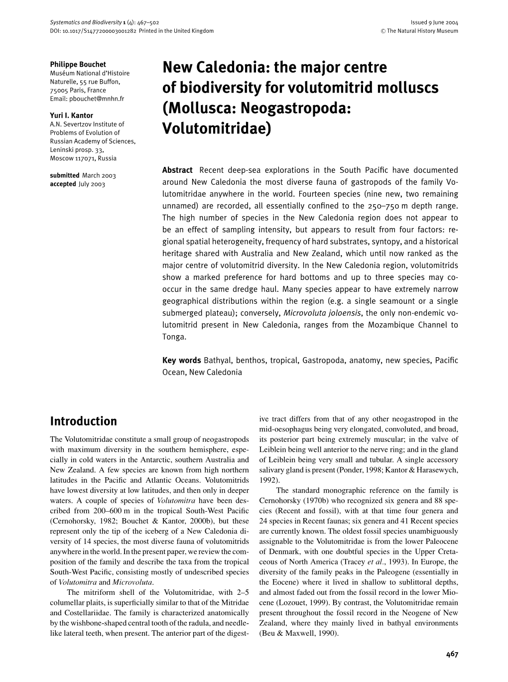 New Caledonia: the Major Centre of Biodiversity for Volutomitrid Molluscs 469