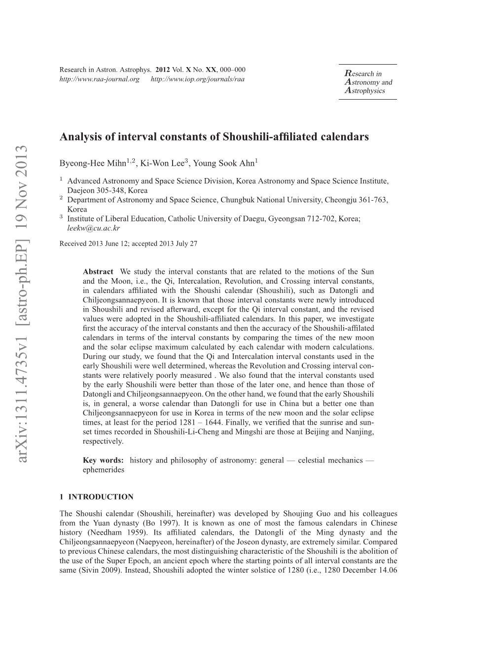 Analysis of Interval Constants of Shoushili-Affiliated Calendars