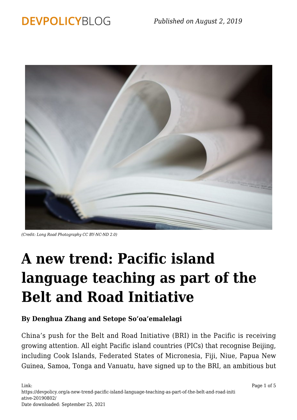 Pacific Island Language Teaching As Part of the Belt and Road Initiative