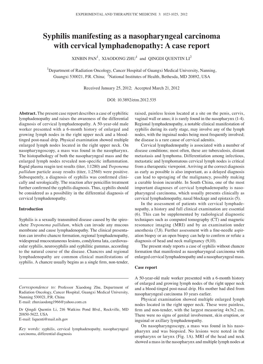 Syphilis Manifesting As a Nasopharyngeal Carcinoma with Cervical Lymphadenopathy: a Case Report