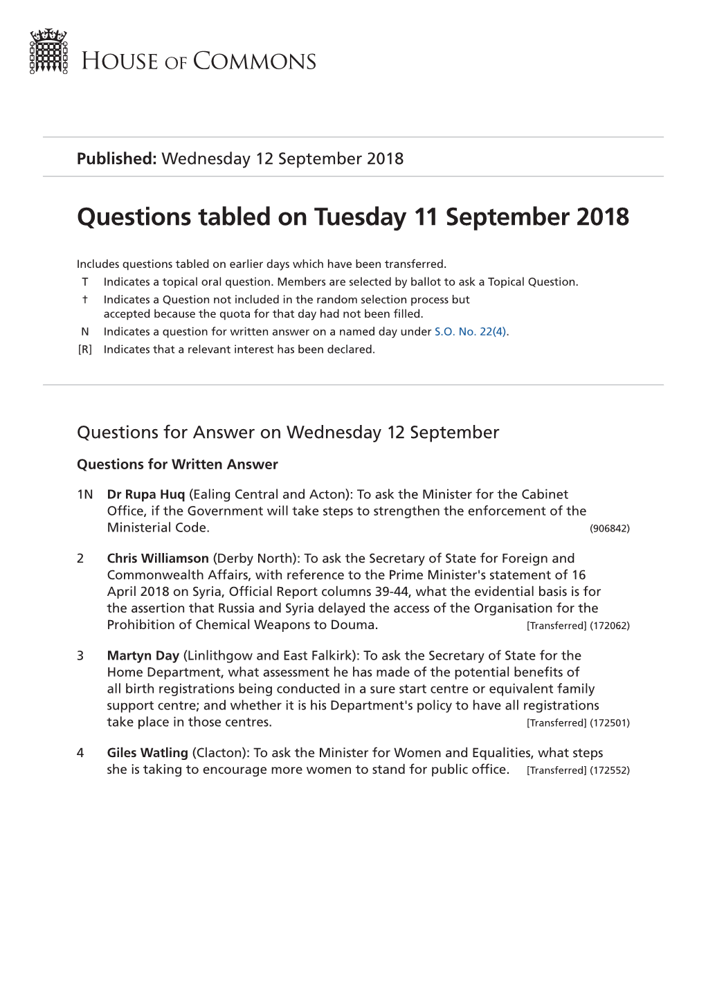Questions Tabled on Tue 11 Sep 2018