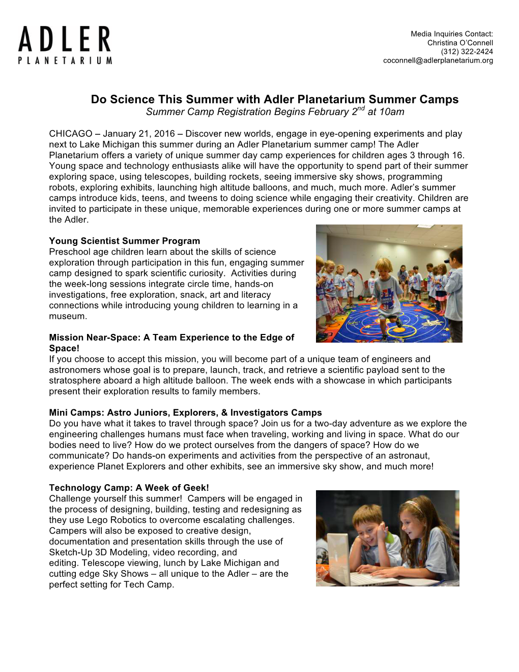 Do Science This Summer with Adler Planetarium Summer Camps Summer Camp Registration Begins February 2Nd at 10Am