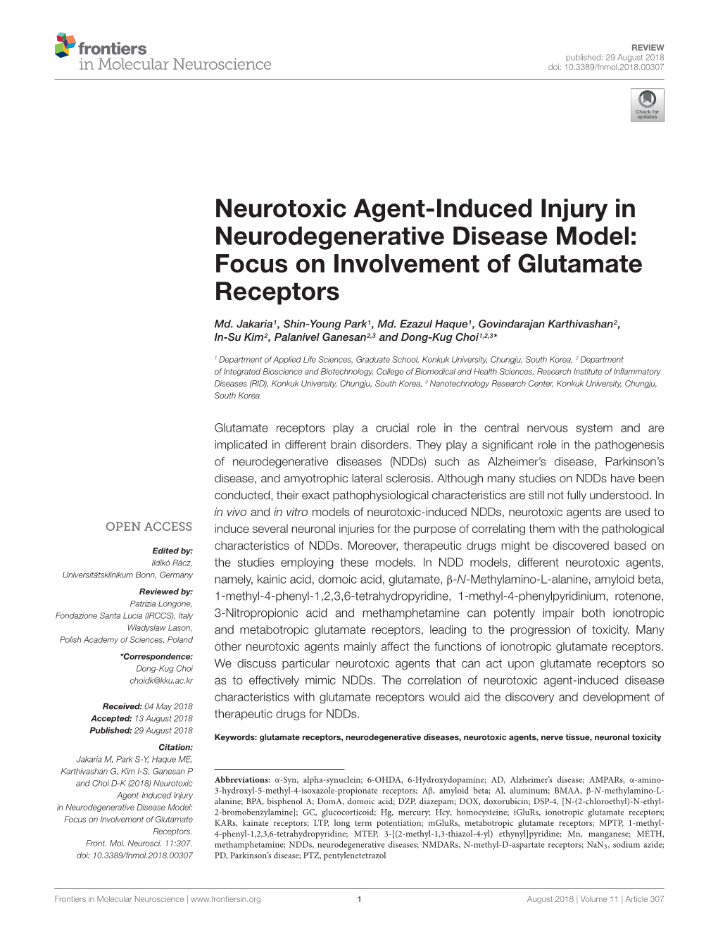 Neurotoxic Agent-Induced Injury in Neurodegenerative Disease Model: Focus on Involvement of Glutamate Receptors